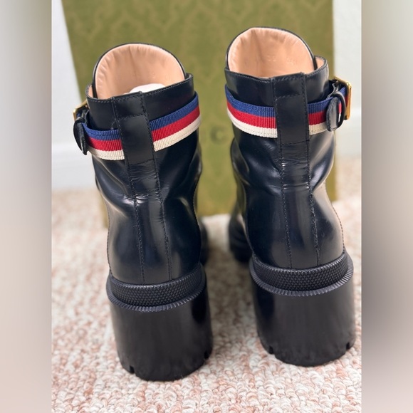 Gucci Sylvie Web Womens Lace Up Calfskin Leather Black Combat Boots Size 39. - Picture 3 of 11